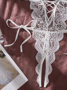 Đồ lót cô dâu màu trắng dành cho nữ, bộ jumpsuit gợi cảm xuyên thấu phối ren khoét lỗ. - trắng - Xem 11