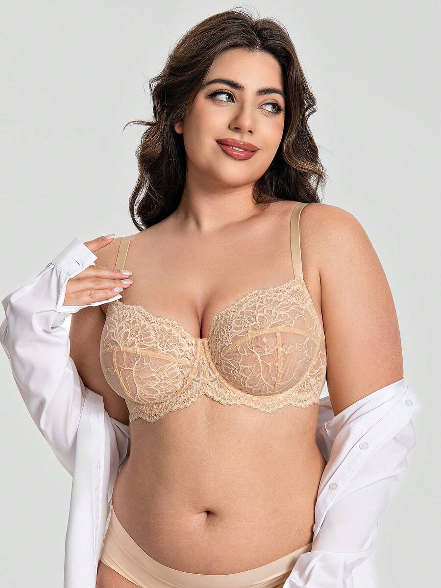 WINGSLOVE Plus Size Floral Lace Bra - Sheer Design, Wireless & Unpadded, Flattering For Larger Busts, Comfortable For Everyday Wear - Apricot - View 1