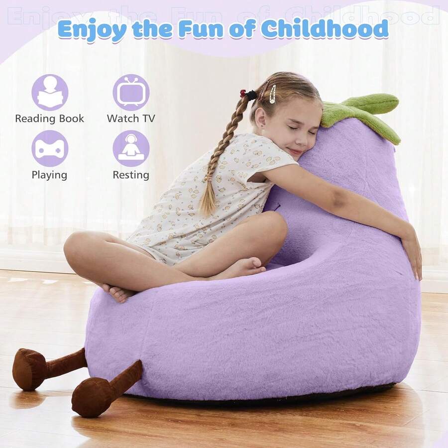 Adorable Eggplant-Shaped Bean Bag Chair Soft Plush Surface Covered In Faux Rabbit Fur Fabric Foam-Filled With Back Support - Purple - View 1