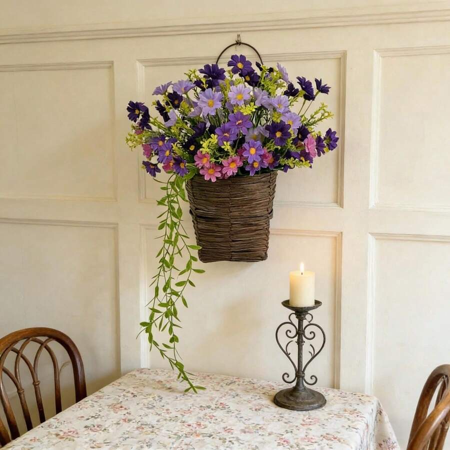 Artificial Flower Basket Realistic Faux Daisy Front Door Wreath Fake Hanging Floral Decorations For Farmhouse Home Holiday - 紫色 - 查看 1