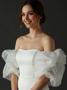 1对白色薄纱袖口，公主风臂套，适合婚纱、礼服、派对场合 - 乳白色 - 查看 3