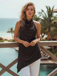 Women's Asymmetrical Halter Top Dressy Sleeveless Flowy Tank Tops Sleeveless Asymmetrical Halter Top High Neck Loose Fit Flowy Tank Top Backless Casual Dressy Blouse Shirts - 黑色 - 查看 2