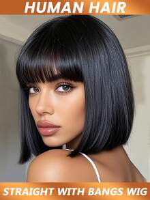 Straight Bob Human Hair Wigs With Bangs Short Brazilian Human Hair Full Machine Made Human Hair Wig Middle Part Bob Lace Wigs 200% Density - Natural Black - View 4