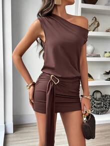 Doriss Sexy Goddess Off-The-Shoulder Waist Line Ribbon Metal Buckle Short Dress, Festival Going Out, Wedding Season, Valentine's Day, Bohemian, New Year Outfit, Spring Outfit For Women, Summer Dresses, Vacation Outfits Women - Brown - View 4