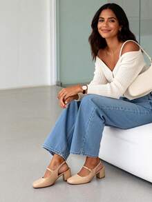 Women's Mary Jane Low Chunky Heels Slingback Closed Square Toe Dress Shoes Elegant Wedding Party Work Office Pumps Shoes - Màu be - Xem 5