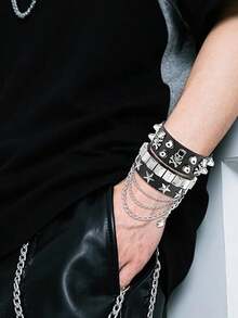 Xiacheng 1/3件套朋克摇滚铆钉手链套装，哥特式铆钉PU皮手链，80年代风格可调节腕带手镯，男女通用 - 黑色 - 查看 7