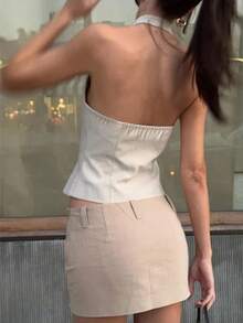 女士时尚复古修身露背吊带背心，纯色梭织面料，正面系带纽扣露背设计，优雅日常约会穿着，春夏款 - 杏色 - 查看 2