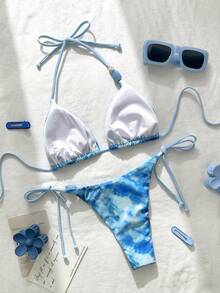 Bộ bikini hai mảnh gợi cảm, tối giản, thanh lịch, thường ngày, lãng mạn, thích hợp cho kỳ nghỉ, du lịch biển, tiệc tùng, in họa tiết toàn thân, đính hạt cườm, kiểu buộc dây cổ, dành cho nữ. - Màu xanh lam - Xem 5