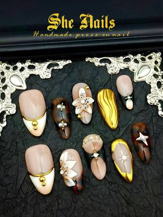 10pcs Almond-Shaped Acrylic Nail Art Set, Includes Red, Purple, White Nail Stickers, Yellow & Purple Tie-Dye Patterns, 3D Rhinestones, Butterflies, Stars, Pearl Nail Decorations, Handcrafted Glitter Flower & Geometric Chrome Powder Patterns, Y2K Style Nail Art Kit Suitable For Women & Girls For Daily, Party, Celebration & Holiday Use (Includes: 1 Piece Jelly Gel & 1 Piece Buffing Block)