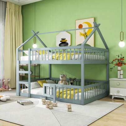 Kinder-Etagenbett 140*200, Kinder-Familienbett, Etagenbett mit Treppe, Loft Design, Massivholz-Etagenbett-Rahmen, Grau