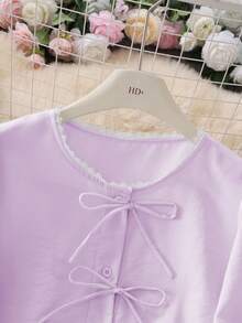Women's Sweet Bowknot Round Neck 3/4 Sleeve High Waist Embroidered Patchwork Blouse, Tops, Spring Tops, Summer Tops Vacation - Mauve Purple - View 4