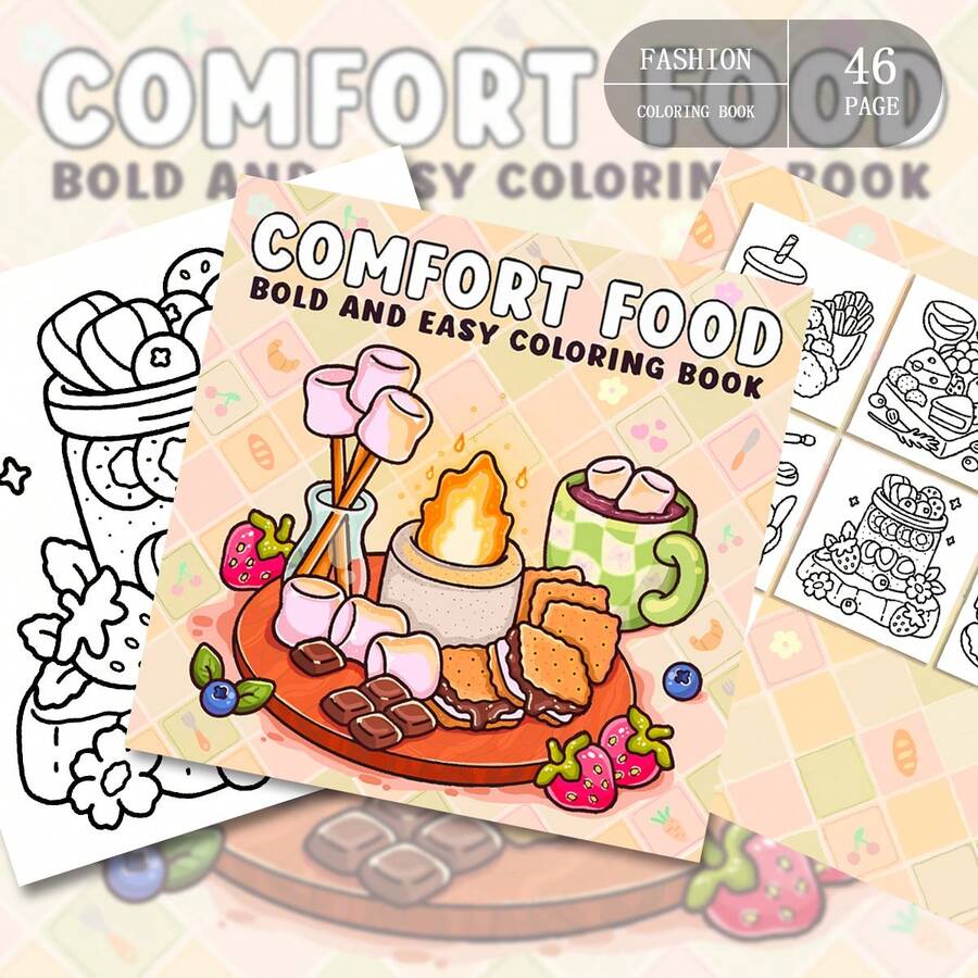 46-220g Livro de Colorir de Algodão Doce Quente e Doce, Livro de Colorir de Papel de Pele Macia, Estilo Curativo, Padrão de Comida de Algodão Doce, Esquema de Cores Rosa e Marrom, Inclui Detalhes de Borda Queimada, Colorir para Alívio do Estresse, Adequado para Uso Diário, Papelaria e Suprimentos Escolares, Adequado como Presente para Meninas, Dia dos Namorados, Ano Novo - COMIDA CONFORTANTE - Visão 1
