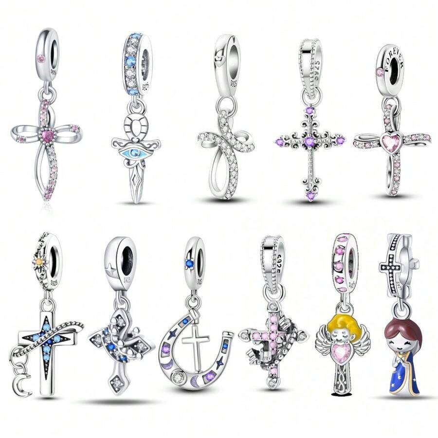 925 Pure Silver Pendant Collection - Cross Pendant, Cross Pink Zirconia Pendant, Crown Cross Pendant, Mysterious Purple Classical Cross Pendant, Eternal Cross Pendant, Heart-Shaped Zirconia Cross Pendant, Shining Cross Pendant, Horseshoe Cross Pendant - Multicolor - View 1