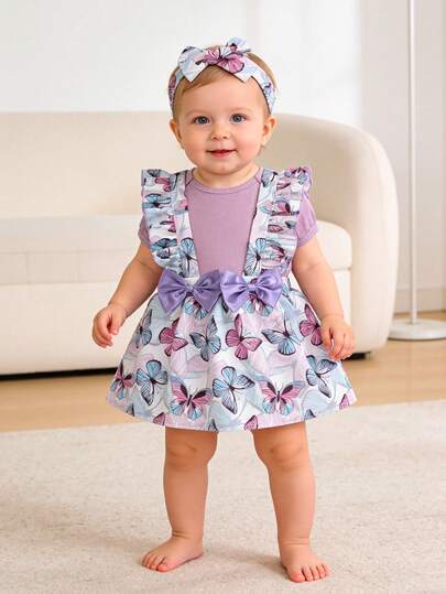 3件套女童春夏新款蝴蝶结连体衣套装，包括蝴蝶印花连衣裙和吊带裙，适合派对、居家和户外活动穿着。