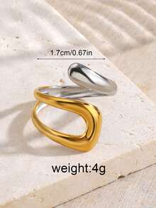 1pc 18K Gold Plated Stainless Steel Adjustable Dual-Tone Ring, Suitable For Daily Outfit, Bohemian Style, Gifts, Valentine's Day - Multicolor - View 3