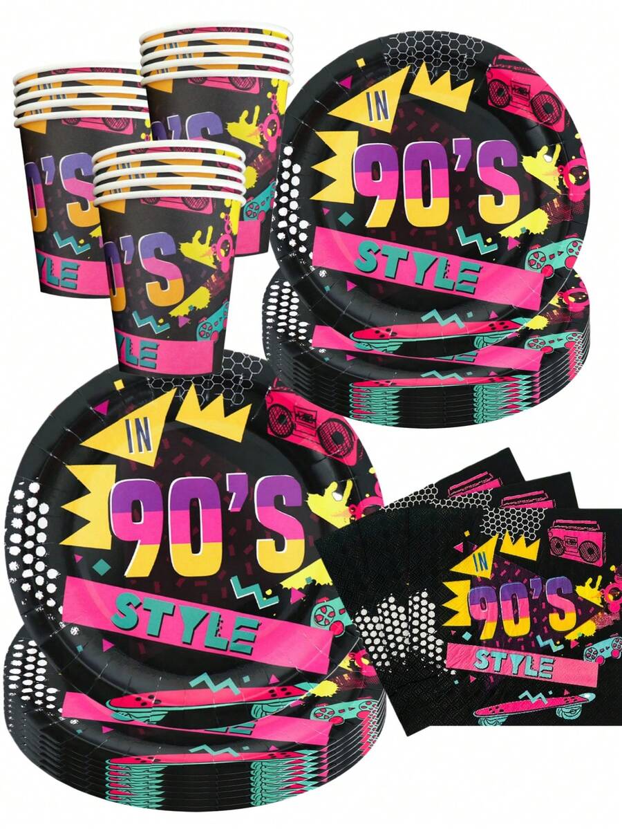 Bright Neon 90s Retro Tableware Features Cassette And Game Controller Prints. Disposable Plates, Cups And Napkins Fit Retro Birthday, Nostalgic Themed Parties And Casual Friends Gatherings. - Multicolor - View 1