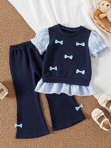 2件套女童可爱蝴蝶结二合一泡泡袖上衣和休闲蓝色喇叭裤套装，夏季 - 藍色 - 查看 1