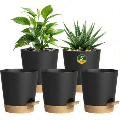 5 Pack Self Watering Plant Pots With Reservoir - Indoor/Outdoor Watering System, UV-Resistant Plastic Flower Pans With Drainage Holes & Saucer, Retro Modern Planter For Herbs, Succulents, Houseplants (Black/Brown, Easy Setup)
