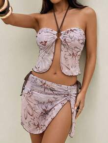 新款性感印花网纱拼接串珠三件套比基尼，挂脖式泳衣，适合海滩、泳池派对、春夏穿着 - 棕色 - 查看 4