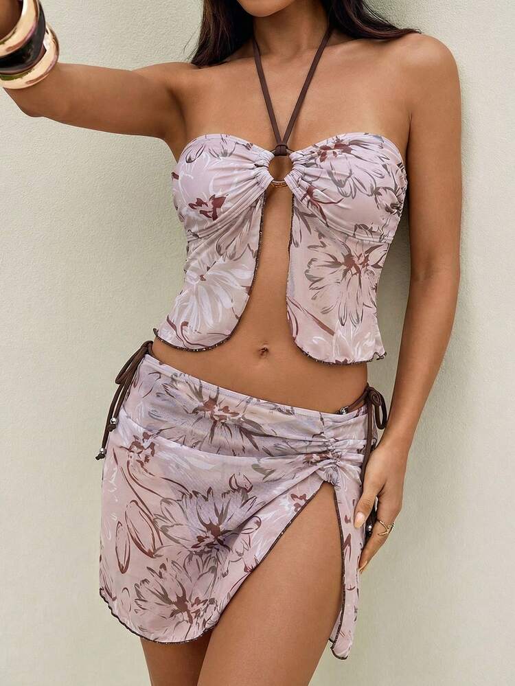 Bộ bikini 3 mảnh lưới đính hạt họa tiết hoa gợi cảm mới, kiểu dáng yếm cổ, thích hợp cho bãi biển, tiệc bể bơi, kỳ nghỉ xuân/hè. - màu nâu - Xem 5