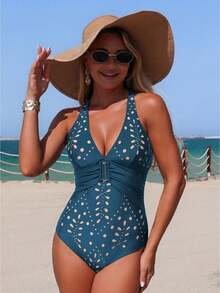 Ladies' Summer Beach One-Piece Swimsuit, Deep V-Neck, Slim Fit, Flower Hole Hollow Design; Combined With Metal Buckle Decoration, Simple And Fashionable. Provides Excellent Elasticity And Durability. Suitable For Swimming, Surfing, Beach, Tropical, Honeymoon, Sports, Vacation, Pool Parties, Etc. - Teal Blue - View 1