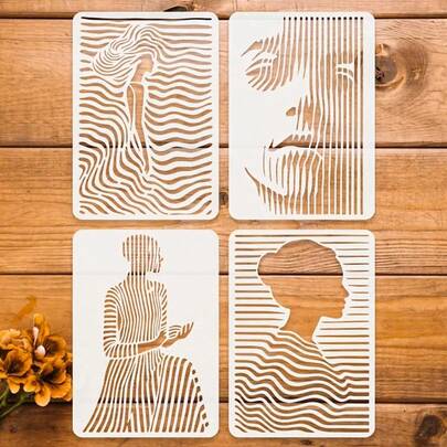 4 piezas de plantillas reutilizables y lavables de arte de líneas abstractas - Plantillas de silueta unisex para manualidades, decoración de paredes, pintura, artesanía, muebles, vidrio