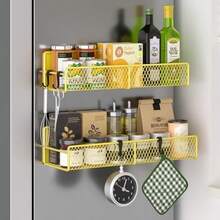 Estante magntico para especias para refrigerador, paquete de 2 estantes magnticos 100% metal, organizador de especias que ahorra espacio con ganchos, estante magntico mvil para nevera - amarillo+paquete de 2 - Ver 2
