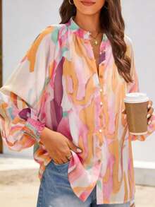 Plus Size Women's Contrast-Colored Printed Shirt, Lantern-Sleeved Loose Chiffon Shirt, Spring And Autumn Vacation Dating Top - Multicolor - View 2