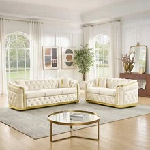 YOGLAD 1pc Luxury Italian Velvet Chesterfield Sofa Set 3+2 Seater, Split Living Room Sofa Couch With Gold Stainless Steel Trim, Button Tufted Curved Arm Velvet Sofa, Modern Light Luxury Upholstered Loveseater + 3-Seater Set With Throw Pillows For Home Living Room Apartment - 米色 - 查看 1