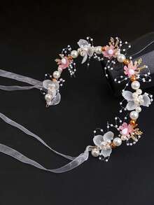 1pc Flower Girl Headpiece, Korean Princess Forest Style Floral Crown Headband, Suitable For Weddings, Parties, Formal Ceremonies, Pearl Flower Wreath Headband, Sweet European-Style Wedding Teen Headpiece. Valentine's Day Gift. - Multicolor - View 16