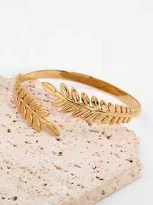 1pc Women's Bracelet, Summer Beach Wear Non-Fading 18K Gold Plated Stainless Steel Wheat Ear Open Cuff Bracelet, Daily Accessory Gift - Yellow Gold - View 4