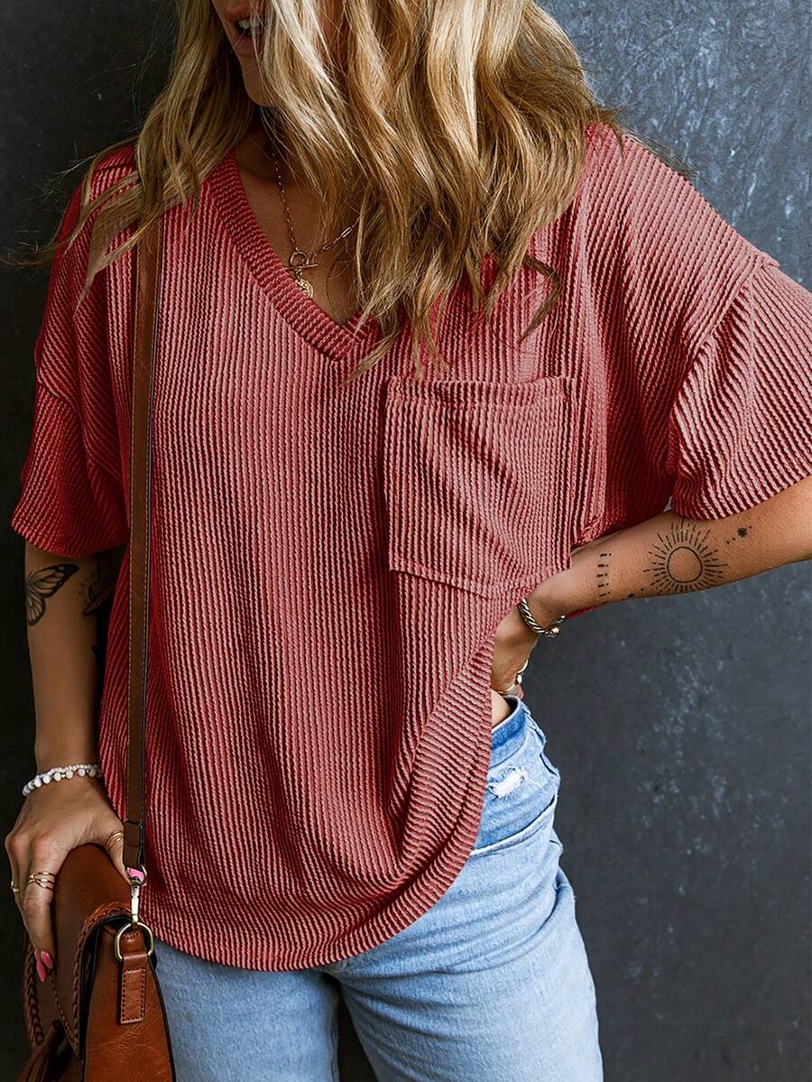 CILKOO Women's Loose Twist Pocket V-Neck Casual Short Sleeve T-Shirt, Spring/Summer - Burgundy - View 1