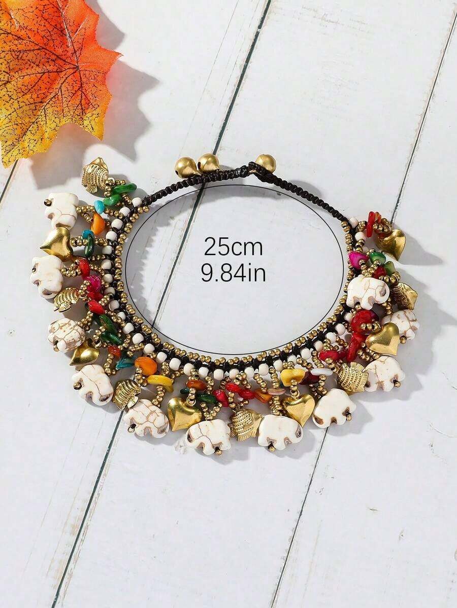 1pc Boho Style Turquoise Copper Accessory, Thai Wax Cord Braided Original Clothing Accessory With Elephant Anklet, Suitable For Women's Daily & Holiday Outfit - 大象腳鍊 - 查看 1