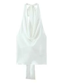 Women's Satin Halter Neck Sleeveless Backless Solid Color Stand Collar Tank Top, Casual Beach Style For Summer - White - View 7