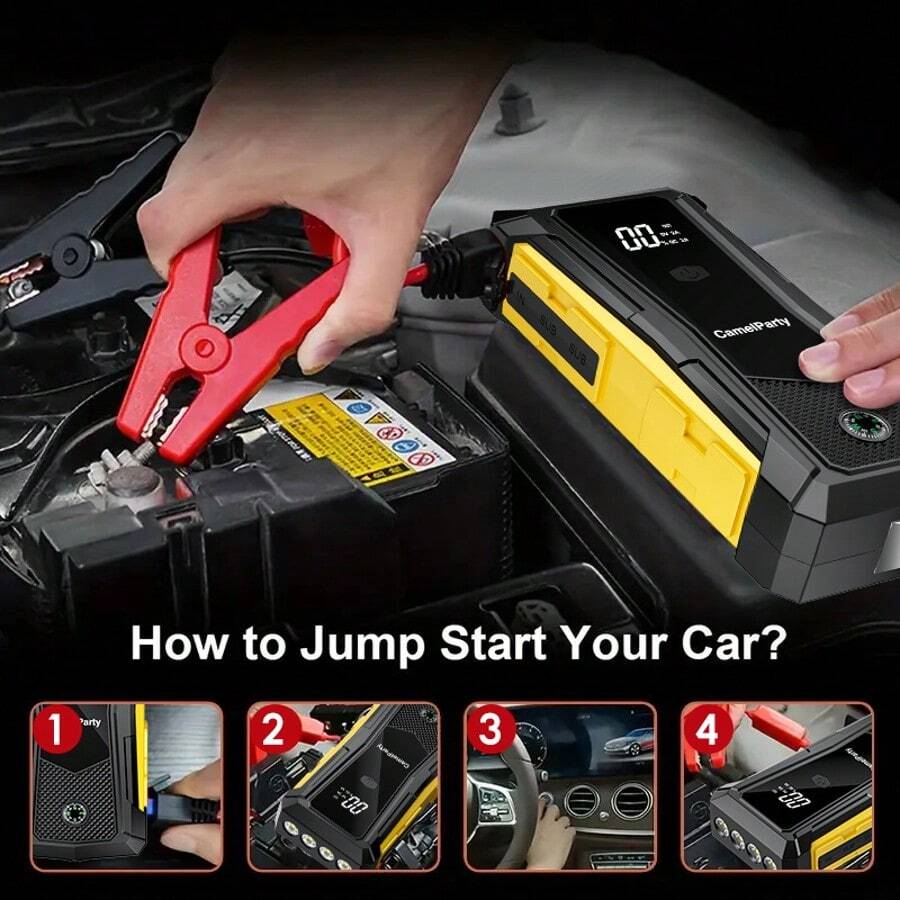 Caja de herramientas de mantenimiento automotriz universal de 12V, arrancador de emergencia multifuncional, batería recargable de polímero de litio portátil, equipada con pantalla digital + carga rápida USB + linterna LED (tres funciones prácticas) - Amarillo - Ver 1