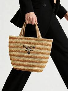 Prada Materiel Straw Tote, Striped Design, Spacious, Crossbody Bag, Beach Bag, Fashion - Brown - View 7