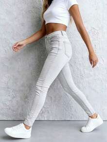 Women's Trousers With Zipper, Ripped Details, Boyfriend Style, Skinny Jeans, Autumn Jeans, Stretchy, Button Pockets, Everyday Wear. - Light Gray - View 5