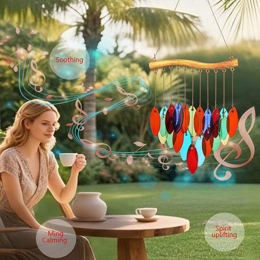 1pc Colorful Leaf Wind Chime, Iron & Fused Colored Glass, Home, Office, Porch Decor - Multicolor - View 1