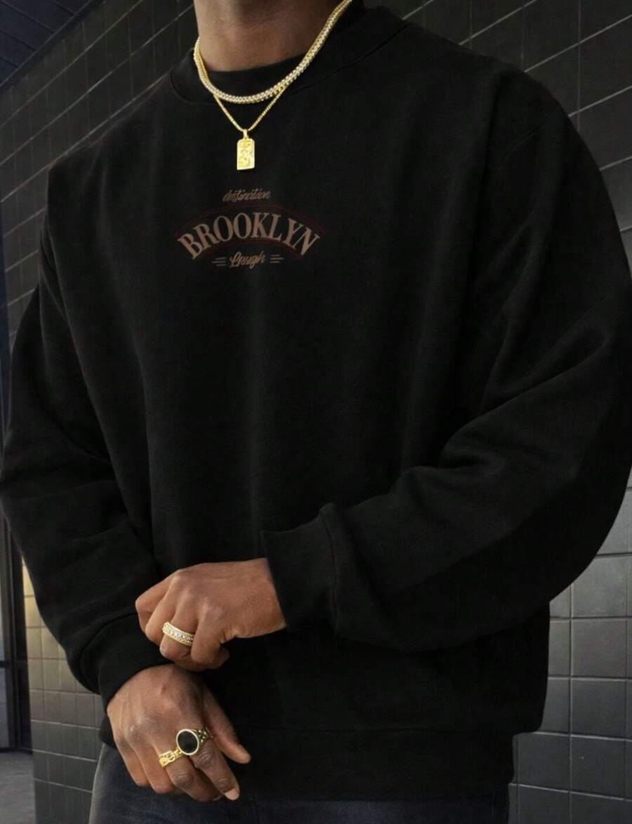 POLARBEAR Brooklyn Laugh Printed Sweatshirt, Hoodless, Crew Neck Style, Casual Cotton Jacket, Warm And Comfortable For Winter - Black - View 1