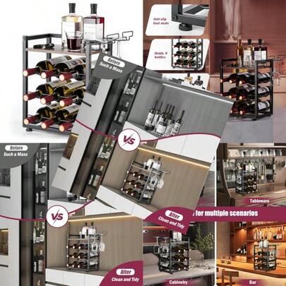 Countertop Wine Rack - Modern Minimalist Wood And Black Metal Wine Holder Freestanding Storage Cabinet With Tray Counter Wine Rack For Kitchen Bar Cabinet Dining Table