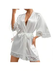 1 bucată halat de baie elegant pentru femei, culoare solidă, cu talie legată, toamnă/iarnă, pijamale sexy scurte din satin de mătase moale, potrivite pentru mirese, domnișoare de onoare, ținute de casă, halat scurt pentru sezonul nunții, imprimeu monogramă, halat de baie și pijamale pentru baie, decor pentru baie - alb - Vizualizare 1