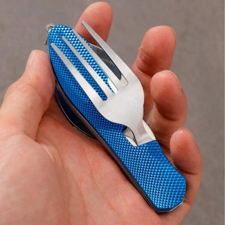 1 Cubiertos Multifuncionales Plegables Desmontables Cuchillo Tenedor Cuchara Combo Compañero al Aire Libre Portátiles Duraderos Prácticos Ideal para Campamento Senderismo Mochilero - Azul - Añade 8