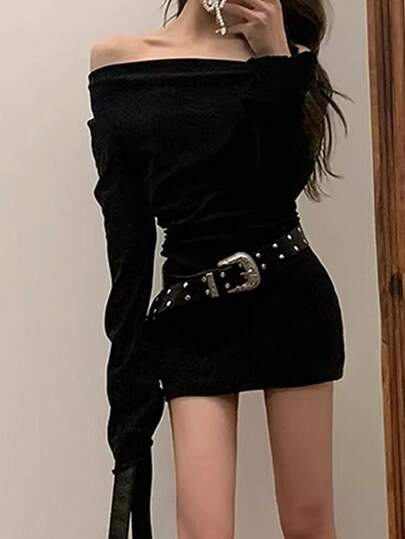 Y6Y-新款春季法式优雅黑色单肩系带短款连衣裙（女款）