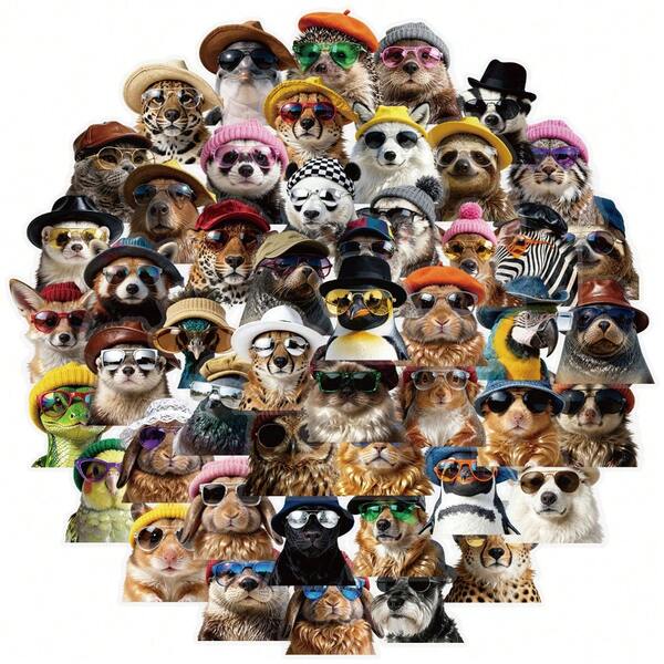 50张可爱动物戴太阳镜创意PET透明贴纸，防水装饰贴纸，适用于水瓶