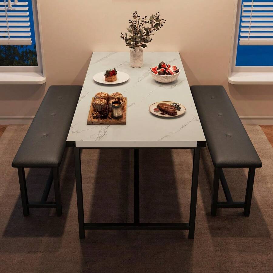 Juego de Comedor de 3 Piezas para 4 Personas, Mesa de Cocina de 112 cm con 2 Bancos, Conjunto Industrial de Mesa Rectangular para Comedor - Blanco - Ver 1
