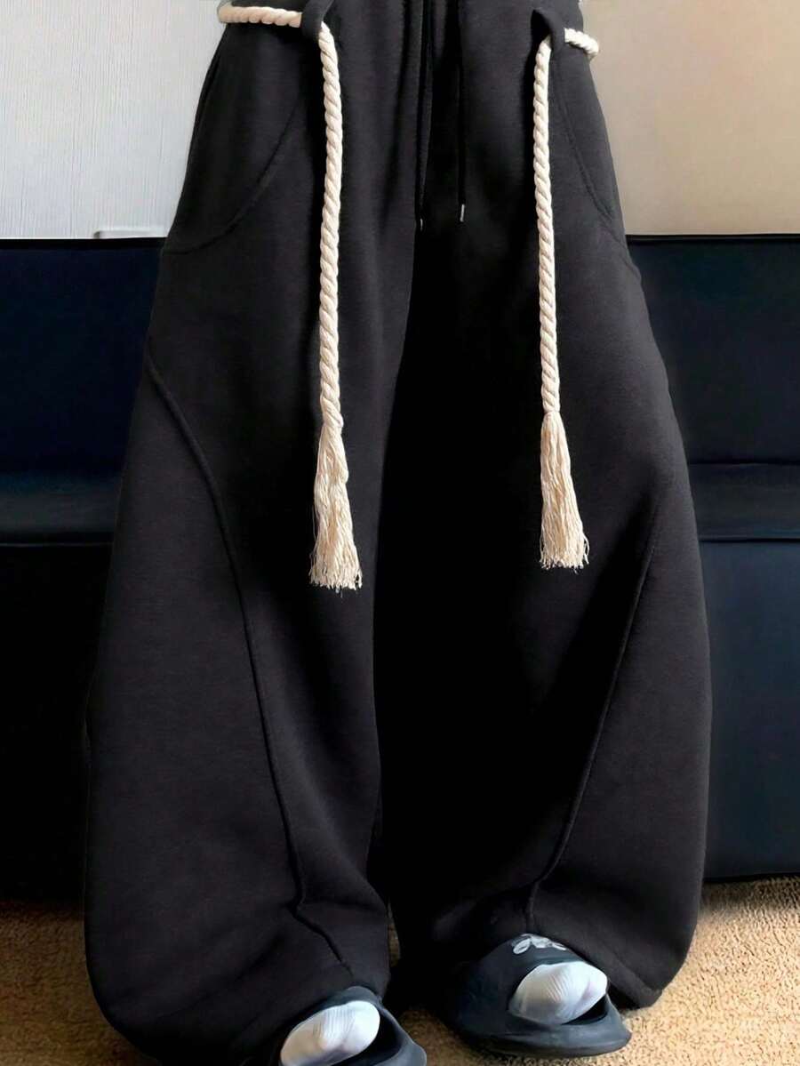 Pantalones casuales sueltos de pierna ancha con cordón grueso de color gris para hombres - Negro - Ver 1