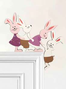 1 pieza Decoración de Pascua con tema de conejo y familia de madera, letrero colgante rústico para puerta, decoración de pared - Multicolor - Ver 6