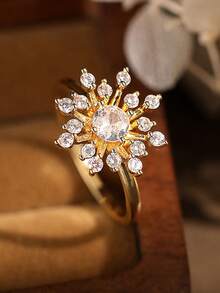 1pc Luxurious Cubic Zirconia Sunflower Ring, Suitable For Women's Wedding, Party, Evening Wear, Made Of Copper Material That Resists Fading And Allergies, Ideal Holiday Gift - Gold - View 3