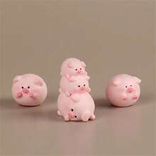 Pack Of 5 Whimsical Resin Pig Figurines | Cute Cartoon Tall And Short Pig Decorations | DIY Gardening & Tabletop Display | Micro Landscape, Miniature Figurines, Room Decor - 粉色 - 查看 5