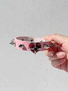 1pc Pink Transparent Asymmetrical Resin Bracelet, Heart Spike Rivet Leather Strap Wristband, Layered Charm Jewelry For Women - Multicolor - View 13